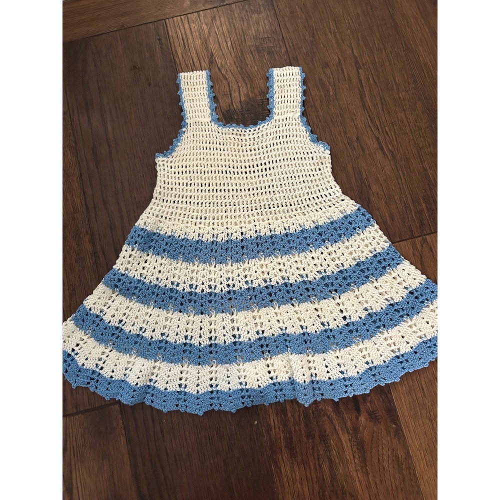 Handmade Crochet Mini Dress Blue White Striped Scalloped Knit Sleeveless Small